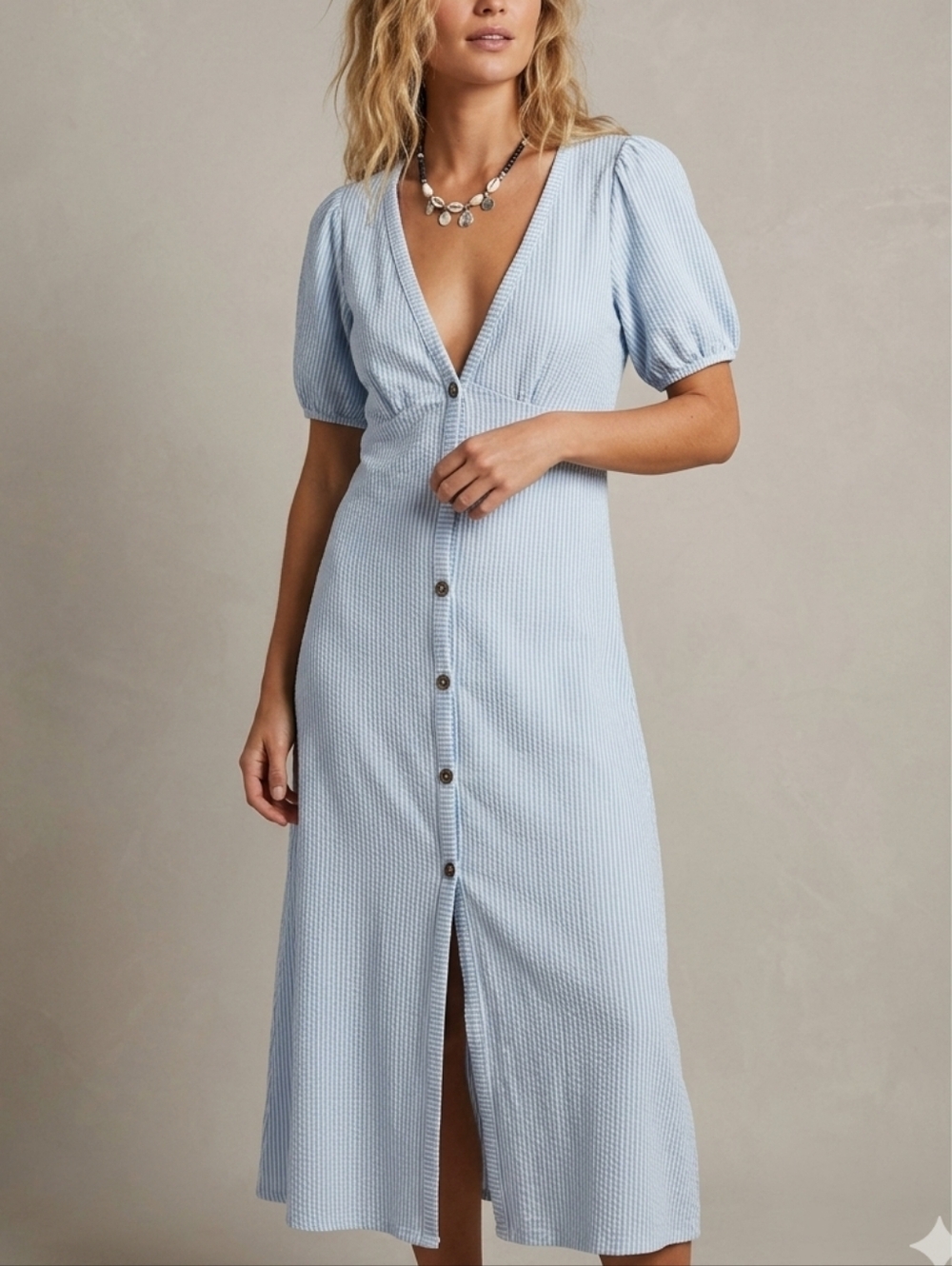 Caution To The Wind Light Blue Button-Front midi Dress